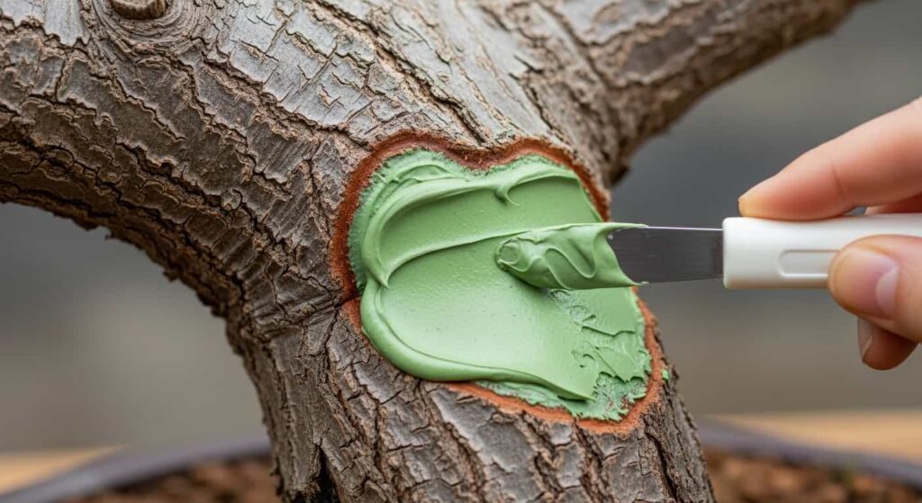 Close-up of a spatula applying green wound sealant paste to a large, freshly cut root on a bonsai tree to protect it during healing.