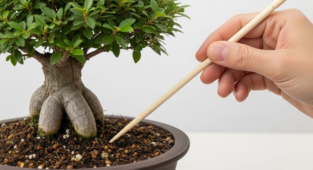 A hand inserting a dry wooden chopstick into the soil of a bonsai pot to check moisture levels before watering.