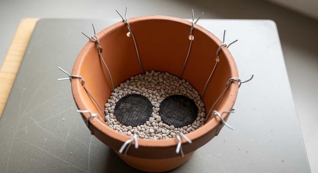 Prepared bonsai pot with mesh drainage screens and aluminum tying wire, ready for olive tree repotting with pumice drainage layer