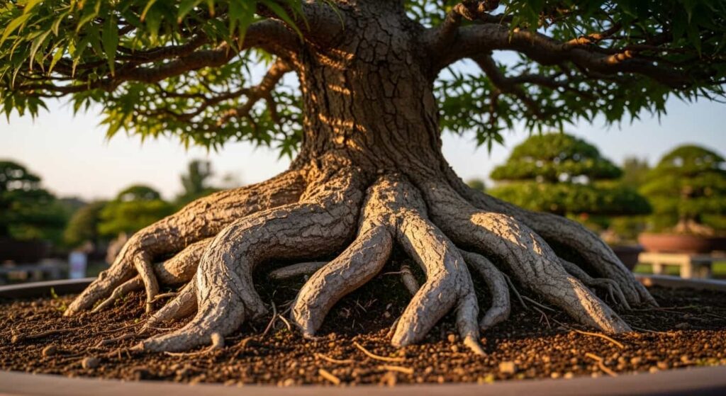 A low-angle artistic shot of a mature Japanese maple bonsai, focusing on its powerful and well-developed nebari surface roots that flare out from the base of the trunk, demonstrating age and stability.