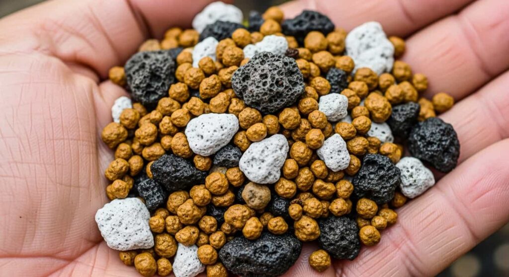 Close-up texture of a balanced Japanese maple bonsai soil mix featuring Akadama, pumice, and lava rock for optimal drainage and aeration.