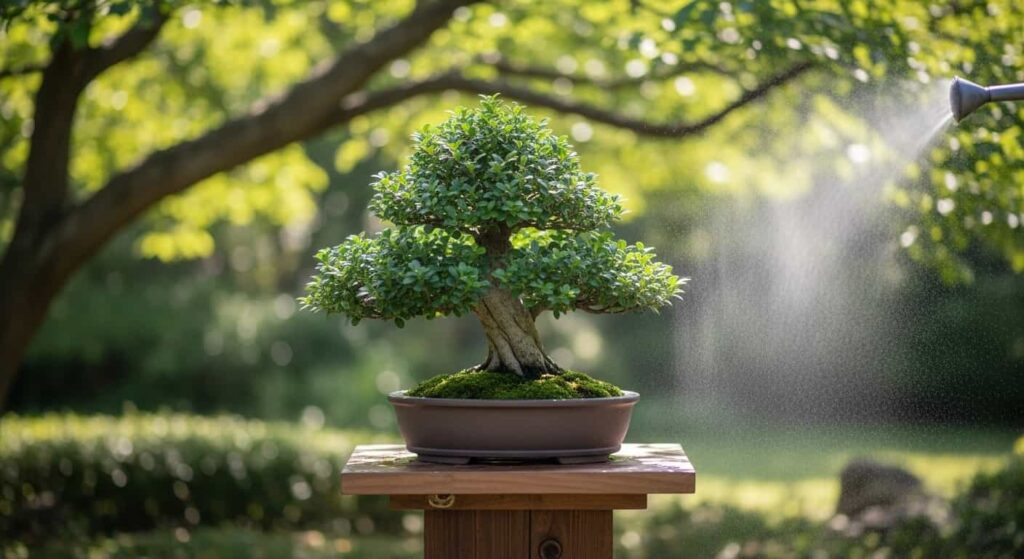 A freshly repotted boxwood bonsai in dappled sunlight outdoors, being gently misted, representing the careful aftercare needed for recovery.