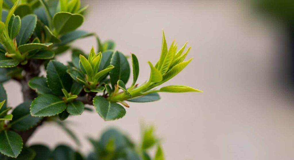 Macro shot of vibrant new green growth and unfurling leaves on a Cotoneaster bonsai branch, indicating a healthy recovery after successful root pruning.