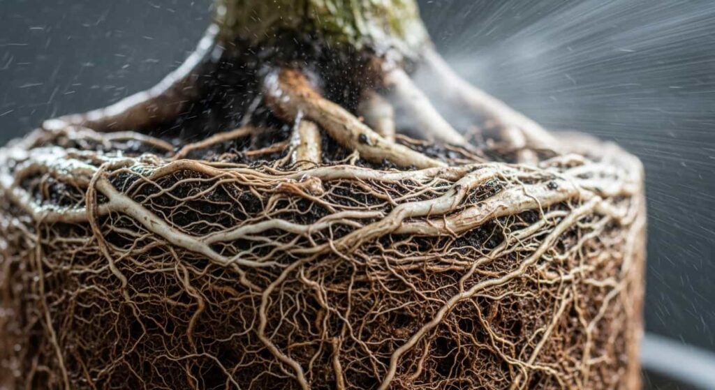 Close-up of the delicate, fine root system of a Japanese Maple bonsai being gently misted with water to reveal its structure.