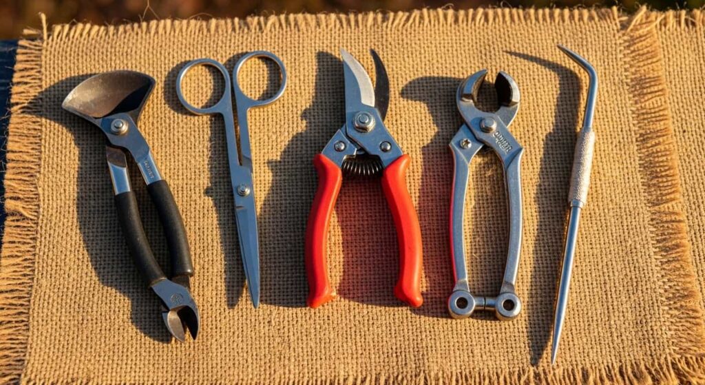 Five essential bonsai pruning and repotting tools including concave cutter, root scissors, and knob cutter displayed on burlap.