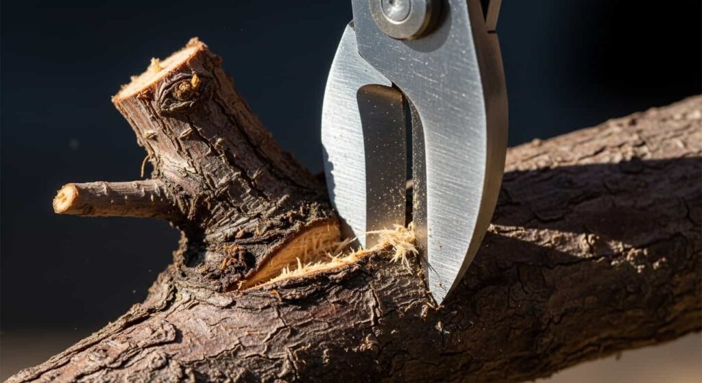 Sharp concave cutters making clean precision cut through woody pine root during bonsai root pruning process