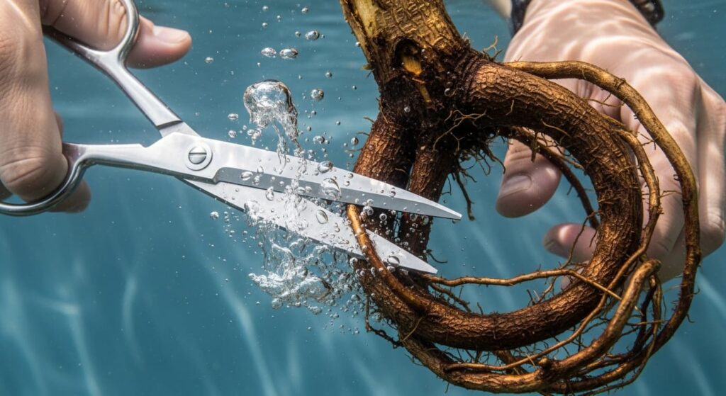 Bonsai scissors trimming thick circling root underwater during root pruning process close-up action shot