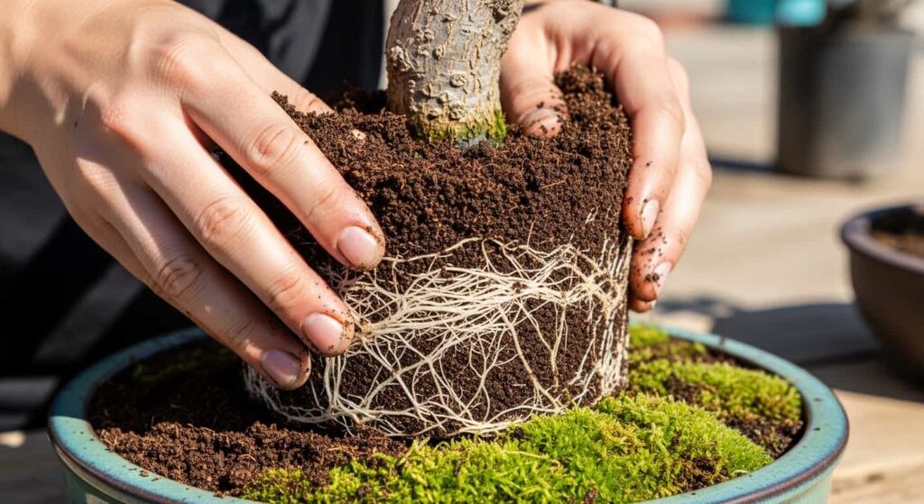 Fresh bonsai soil and sphagnum moss being packed around washed roots during repotting procedure