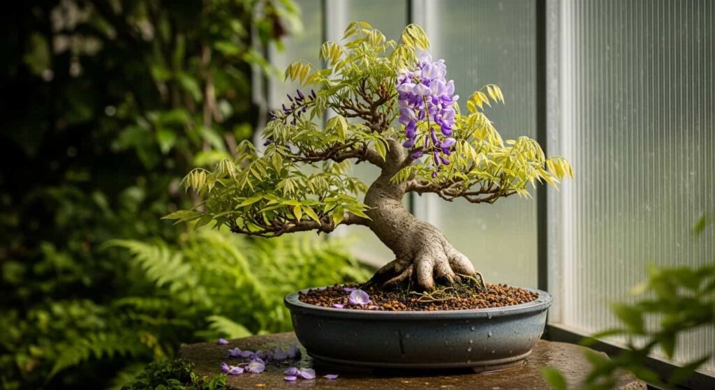 A wisteria bonsai in recovery after repotting, placed in a shaded, sheltered location with new green leaf growth emerging.