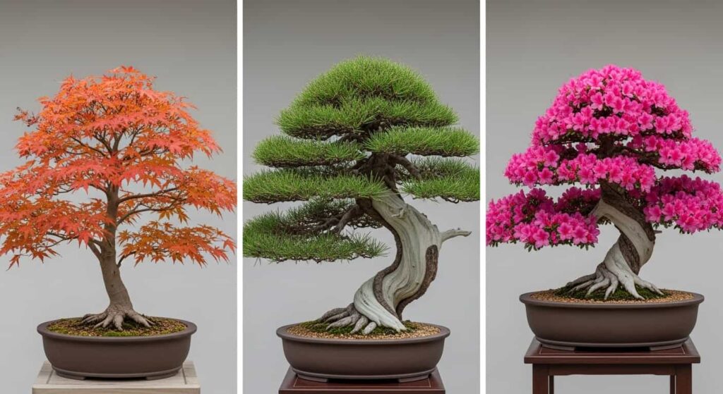 A triptych showcasing a Japanese Maple, a Pine, and an Azalea bonsai, representing species that require extra caution and species-specific timing for root pruning.