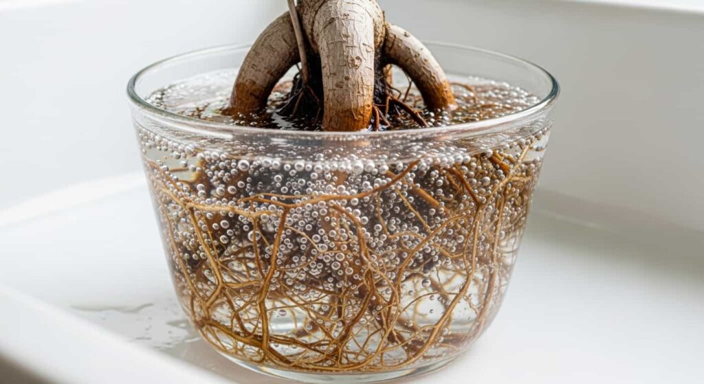 Ficus bonsai roots soaking in hydrogen peroxide solution to kill fungal pathogens during root rot treatment
