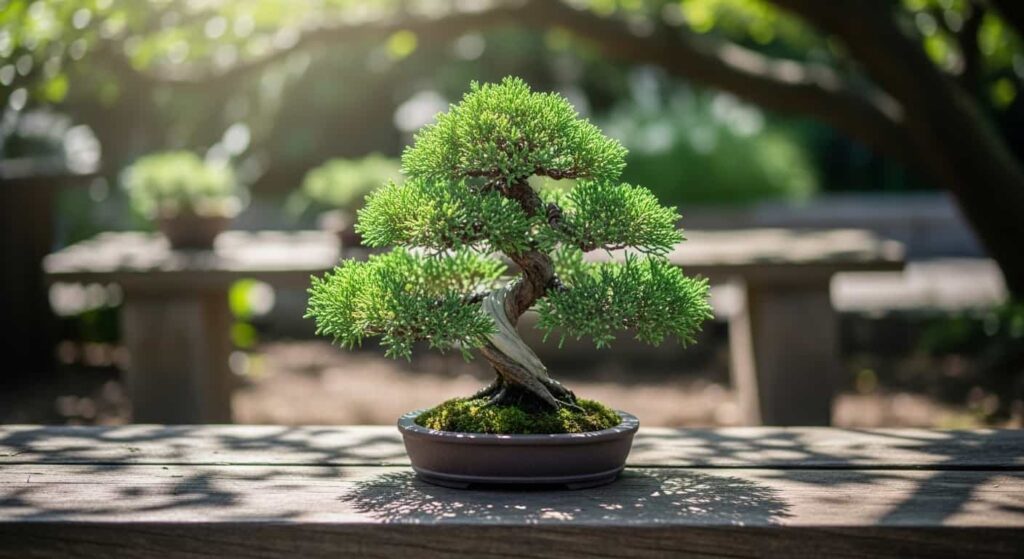 A healthy juniper bonsai tree in a ceramic pot sitting in dappled sunlight on a garden bench during its recovery period.