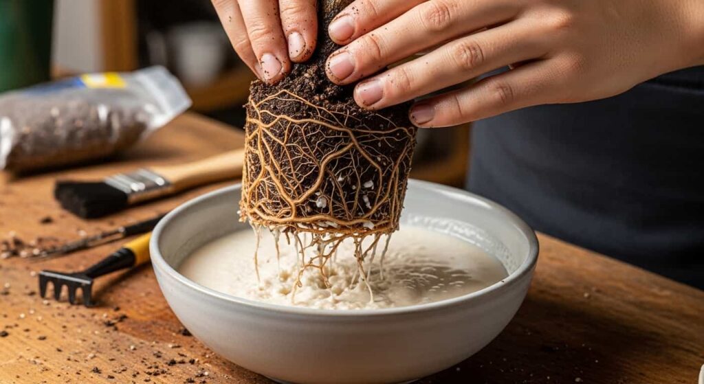 Freshly pruned bonsai roots being dipped into white mycorrhizal fungi slurry in ceramic bowl