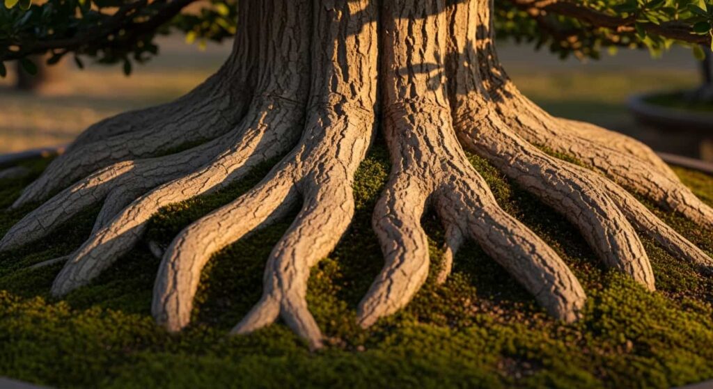 Impressive radial nebari on mature banyan bonsai showing thick surface roots spreading outward from trunk base creating aged appearance