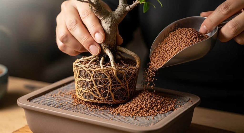 Repotting a bonsai tree in fresh, well-draining soil after treating for root rot.
