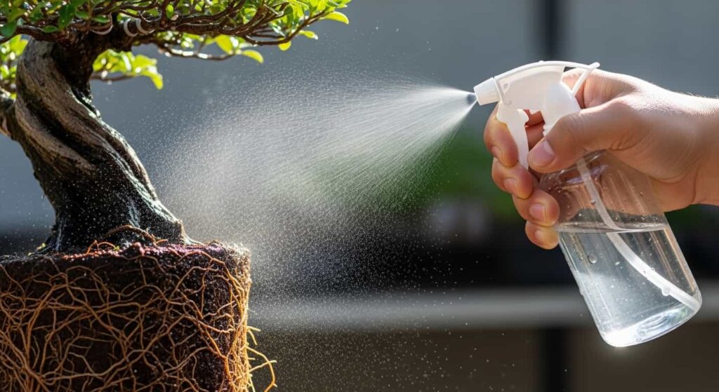 A hand misting the exposed roots of a bonsai tree with a spray bottle to keep them hydrated during the repotting process.