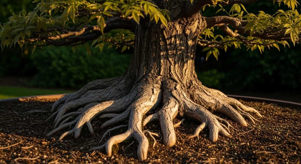 Low-angle view of a mature wisteria bonsai highlighting its impressive nebari, with thick radial surface roots spreading out from the base of the trunk.