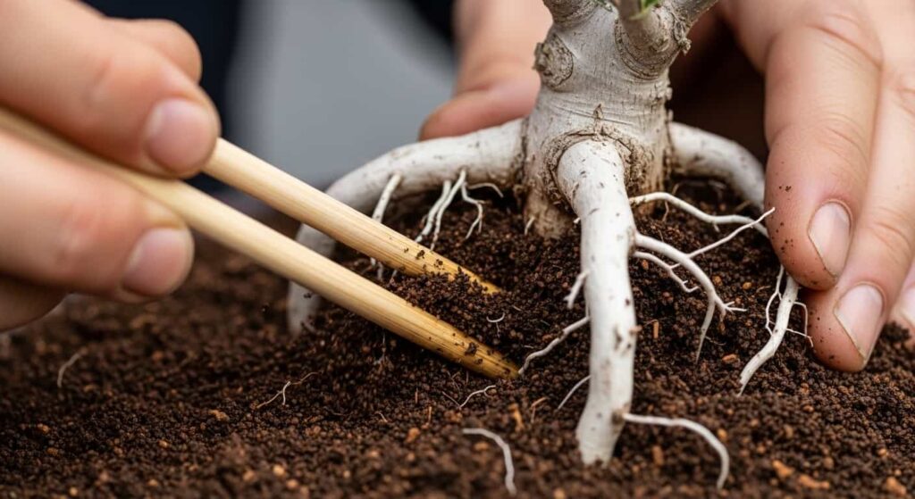 Using chopstick to work fresh bonsai substrate between olive roots, eliminating air pockets during repotting process