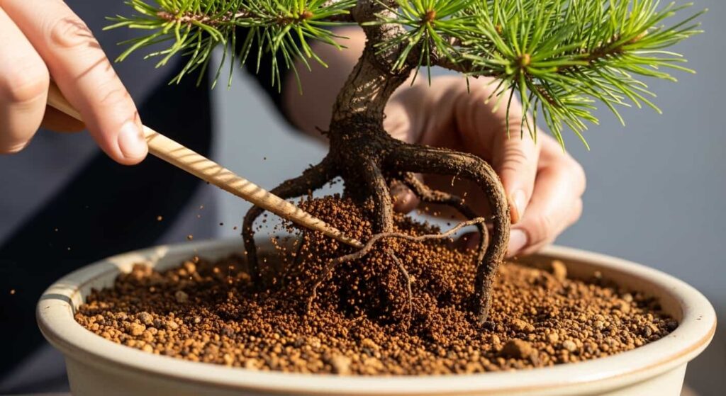 Chopstick working fresh akadama bonsai soil between pine roots during repotting to eliminate air pockets