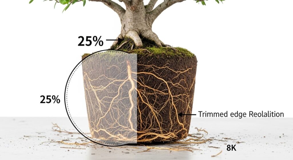Bonsai root ball showing 25 percent outer trimming zone for beginners learning how much root to remove