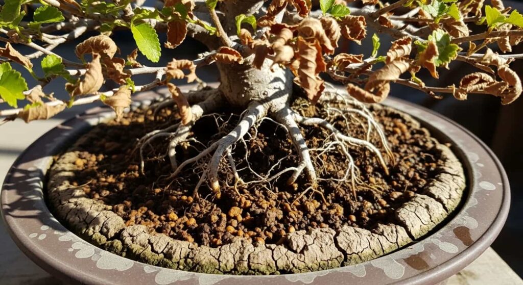 Desiccated Chinese Elm bonsai with dried soil shrinking from pot edges and brittle roots from underwatering