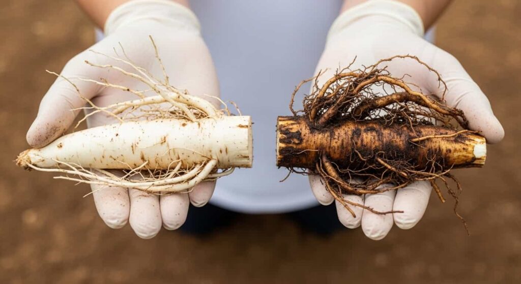 Comparison of healthy white firm banyan roots versus dark mushy rotting roots for root rot identification in bonsai care