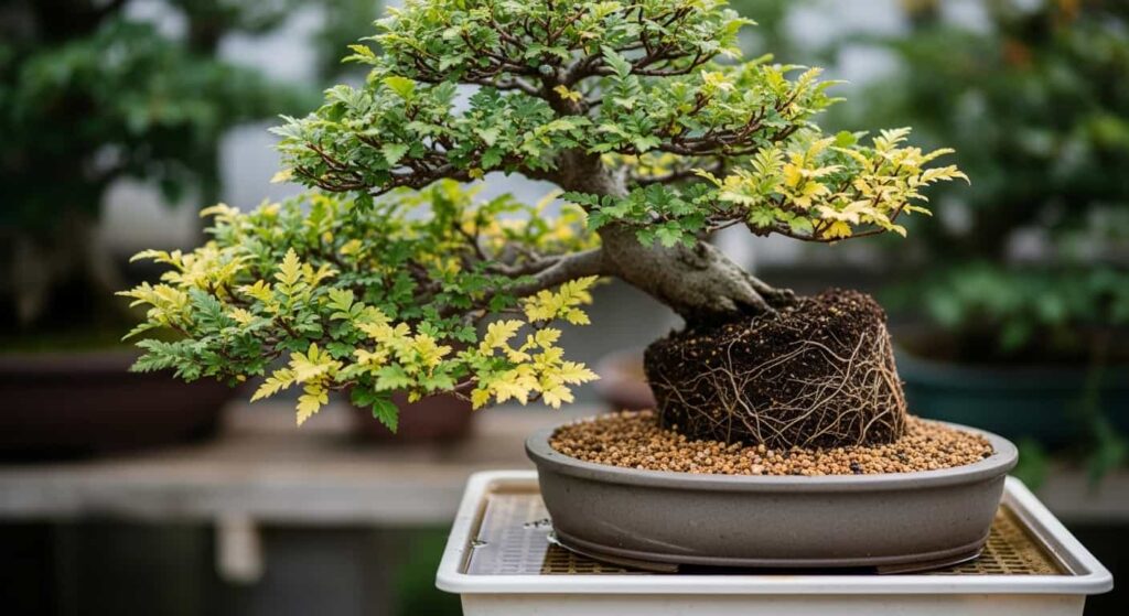 Recently repotted Chinese Elm bonsai recovering in dappled shade with fresh soil and minor leaf yellowing