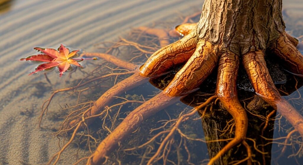 Japanese maple bonsai with brittle roots submerged in water showing why this species benefits from underwater root trimming