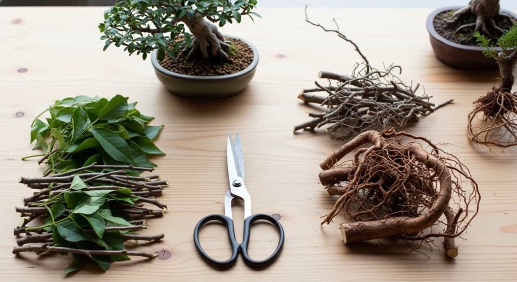Pruned ficus bonsai foliage matched to removed root mass to maintain balance during root rot recovery