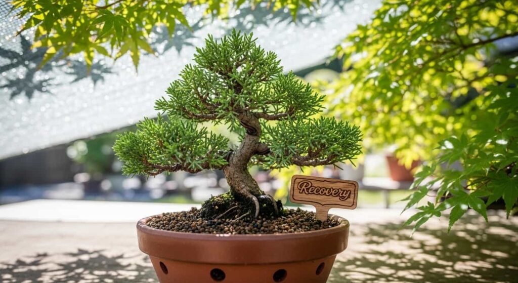 Juniper bonsai in a shaded recovery area after root washing, protected from direct sun and wind to reduce stress.
