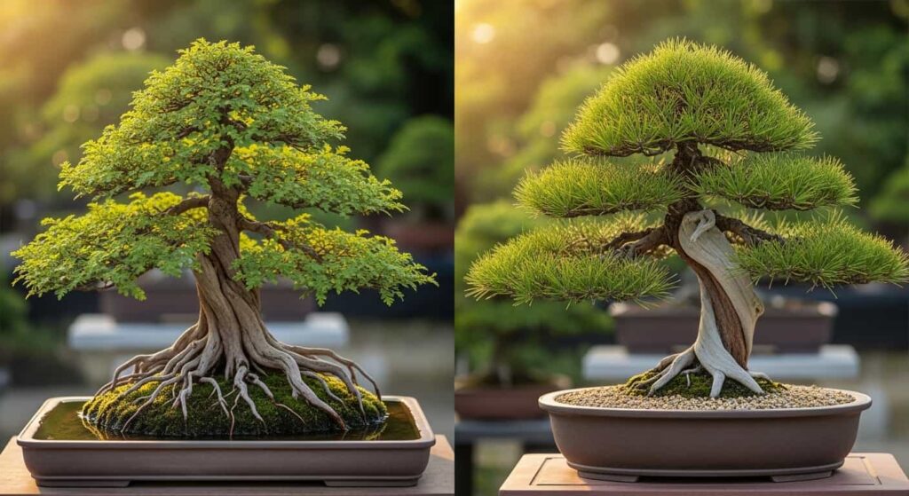 Bald Cypress bonsai in water tray beside Japanese Pine in dry pot representing contrasting root needs