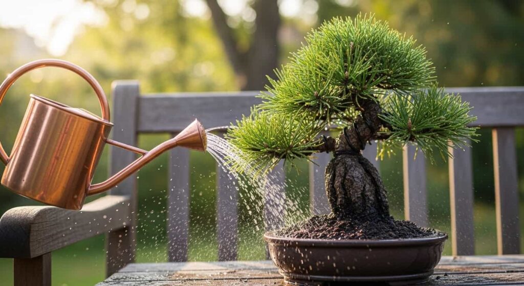 Watering can with fine rose gently misting freshly repotted pine bonsai to settle soil and hydrate roots