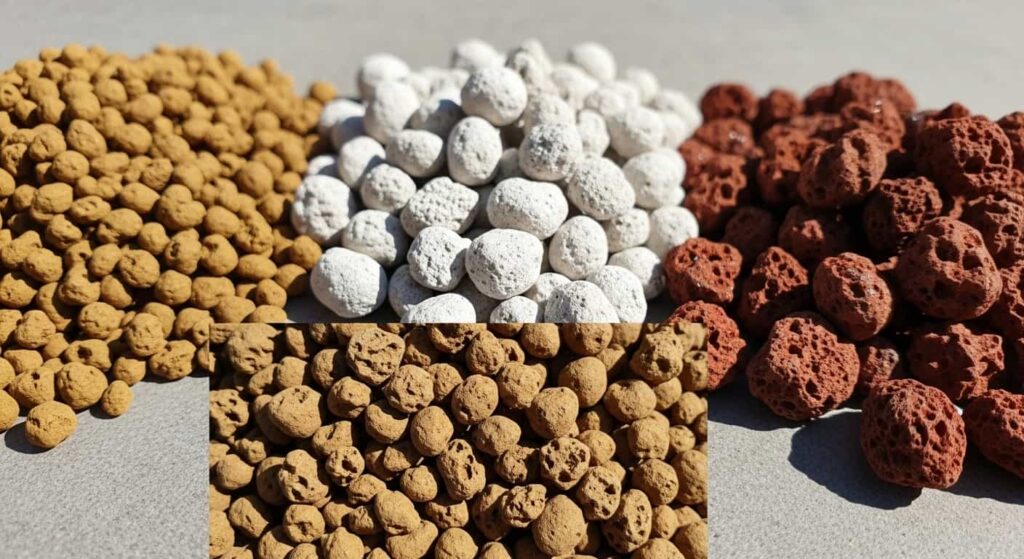 Three mineral components for olive bonsai soil mix: akadama clay, pumice, and lava rock, showing ideal 3-6mm particle size