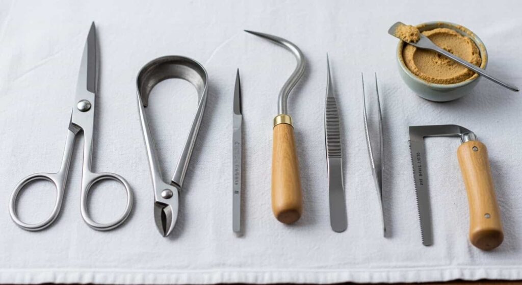 A neatly arranged collection of essential bonsai root pruning tools, including scissors, cutters, a saw, and a pot of cut paste, all clean and well-maintained.