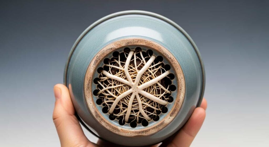 Bonsai roots growing extensively through pot drainage holes, clear indicator that root pruning is urgently needed