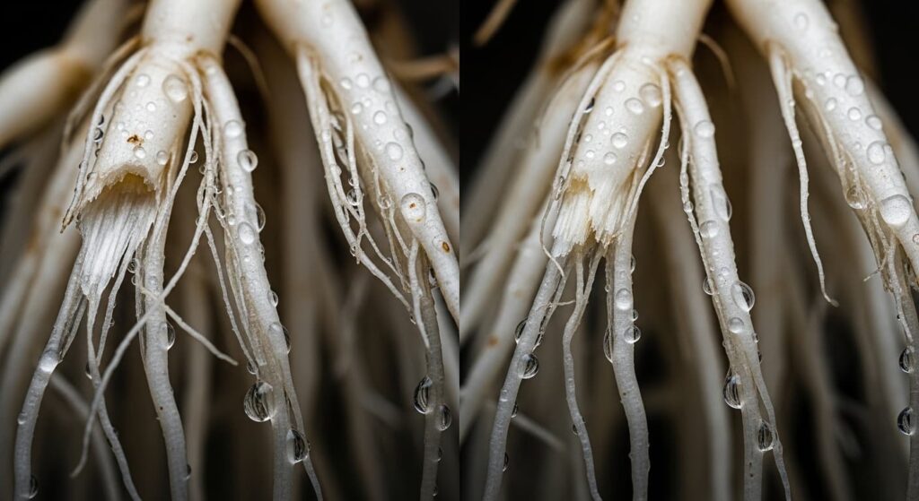 Comparison of damaged torn feeder roots versus healthy intact roots showing common mistake in bonsai root trimming