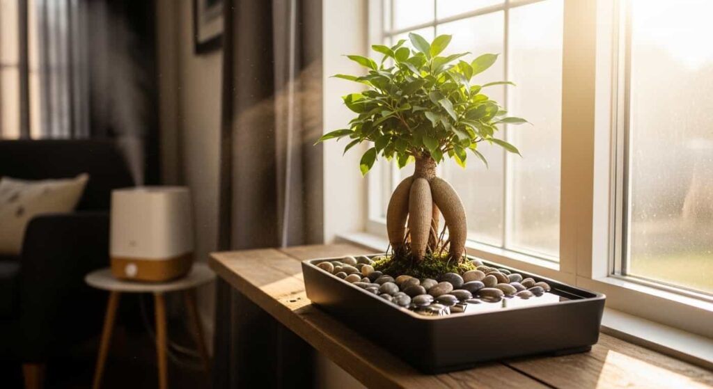 Indoor banyan bonsai setup on humidity tray near sunny window with room humidifier showing optimal indoor growing conditions