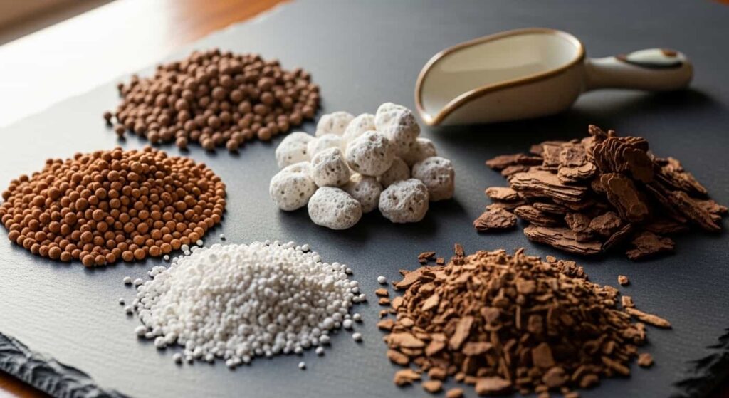 Well-draining ficus bonsai soil components including Akadama, pumice, perlite, and pine bark for preventing root rot