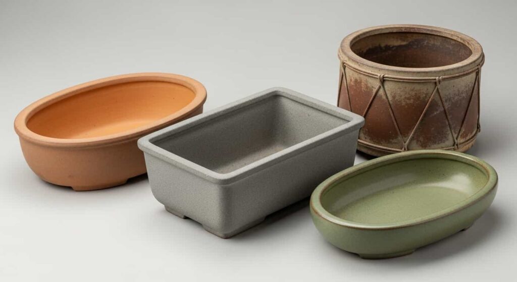 Selection of unglazed ceramic bonsai pots in earth tones suitable for olive trees, including rectangular, oval and round shapes